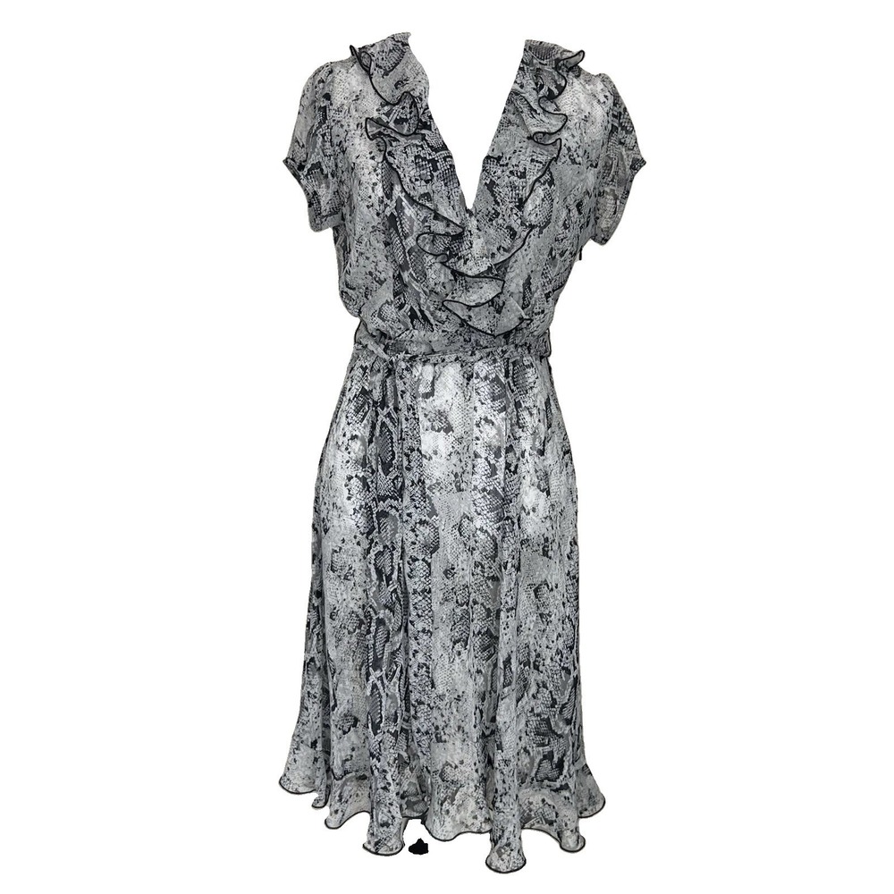WOMEN'S Size 4P Chiffon Wrap Midi Dress Sheer Snakeskin Ruffles Black White Chic